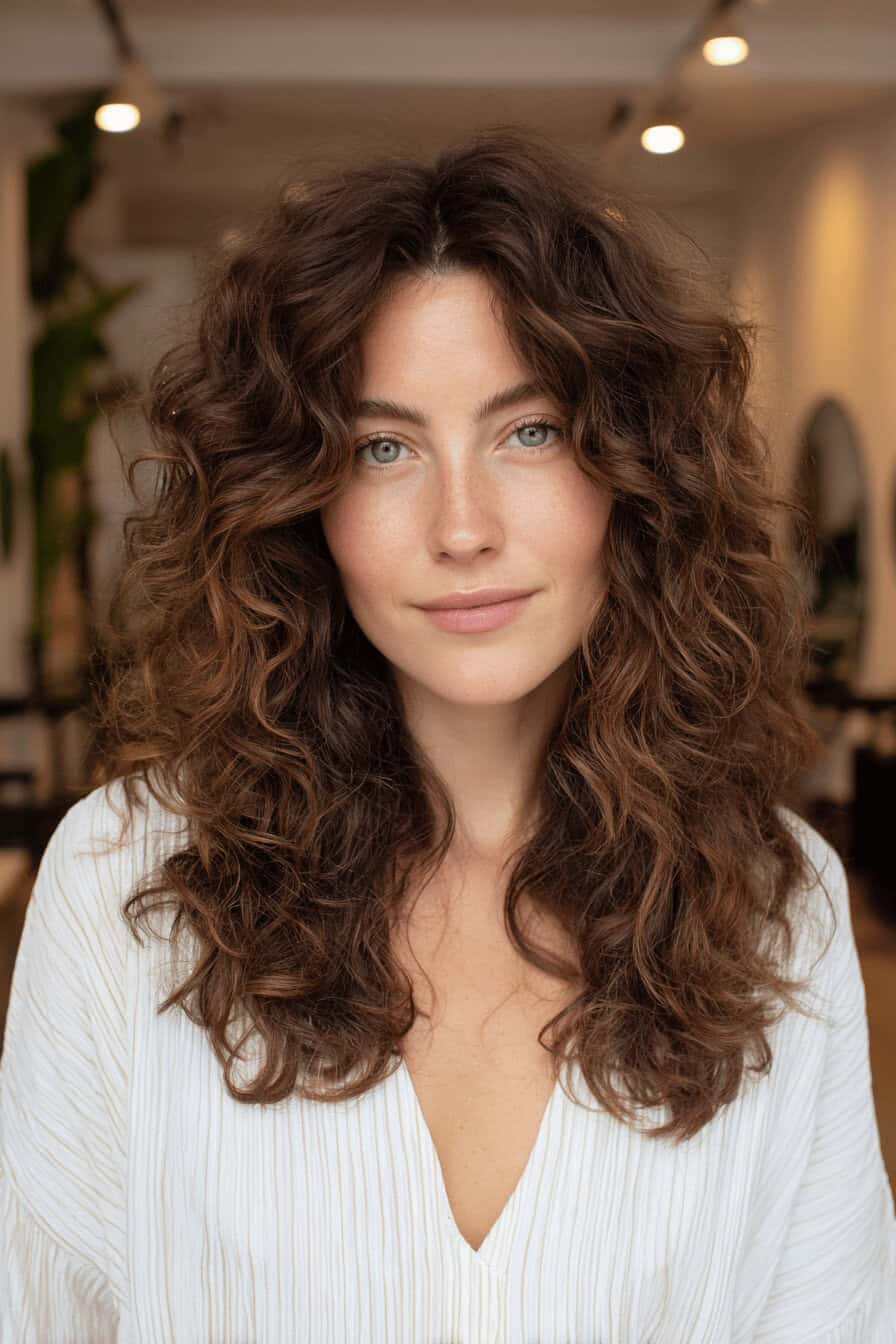 Frau mit langen, lockigen Shag Frisuren und ausgedünnten Spitzen.