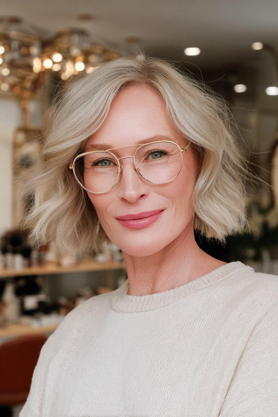 Frau mit welligem, schulterlangem Long Bob und runder Brille