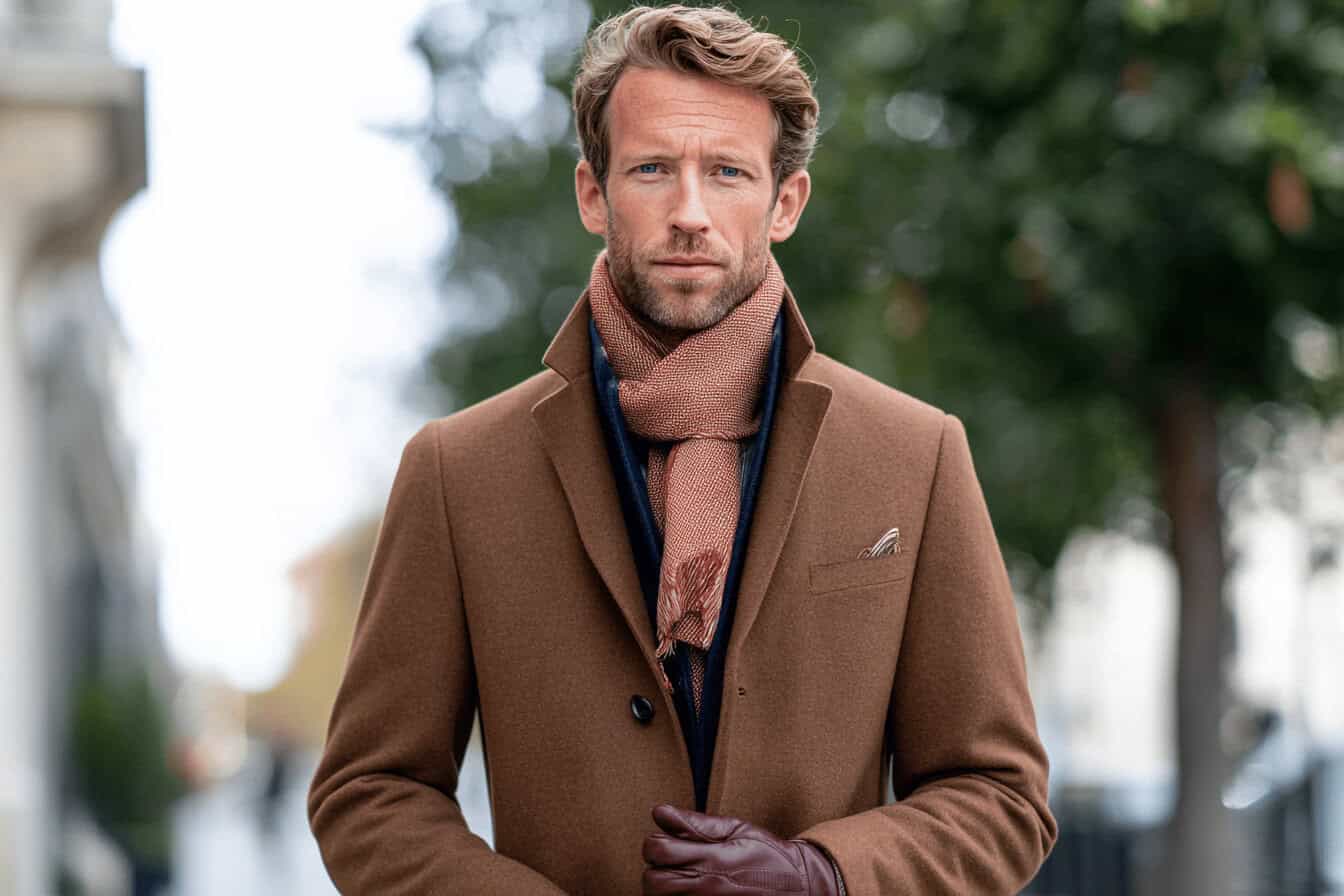Mann trägt eleganten braunen Mantel mit Schal im Herbst