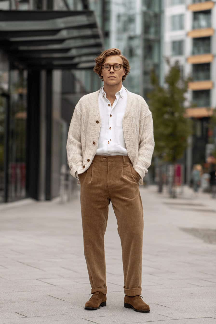 Mann trägt cremefarbene Strickjacke über weißem Hemd mit brauner Wollhose