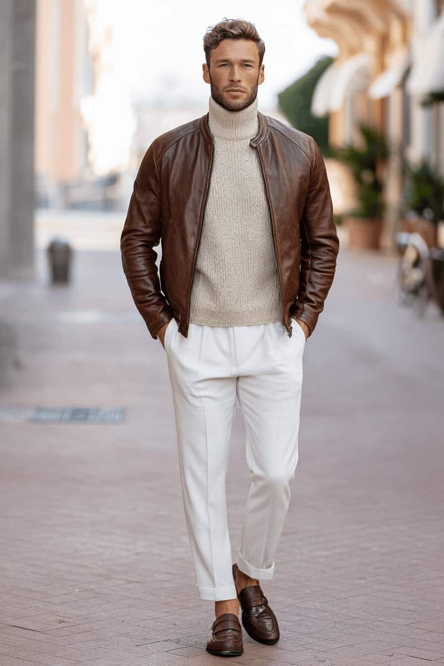 Mann in brauner Lederjacke, cremefarbenem Cashmere-Pullover und weißen Stoffhosen