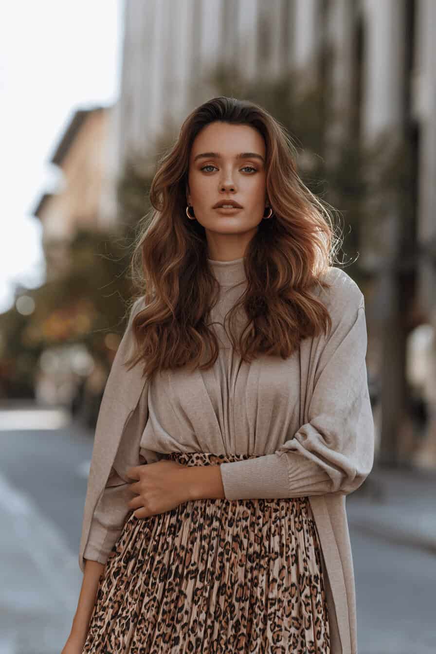 Frau mit gemustertem Midirock und beigem Strickpullover in herbstlicher Straße