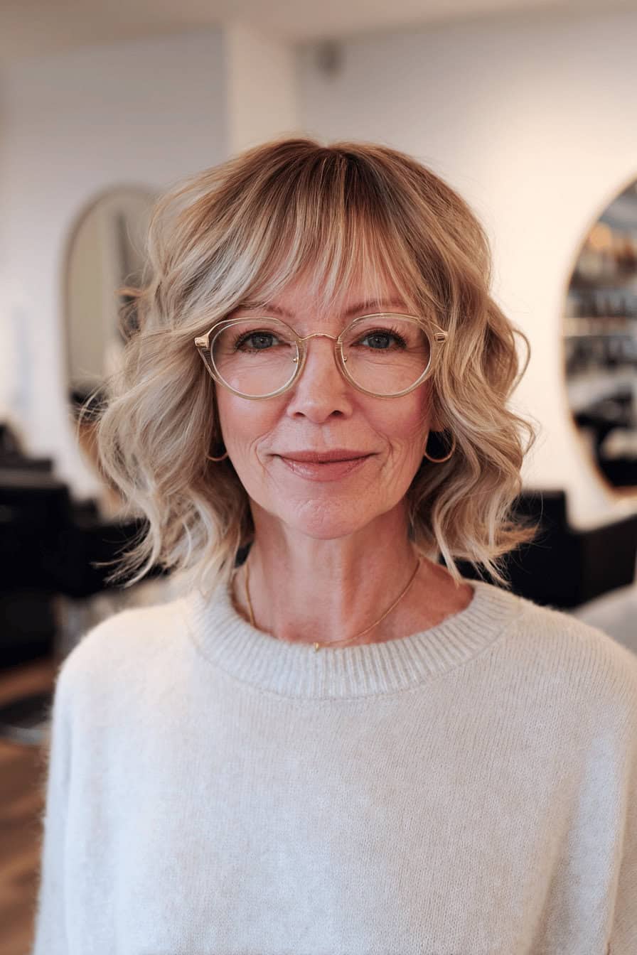 Frau mit blonder, welliger, mittellanger Frisur und Brille in einem modernen Friseursalon