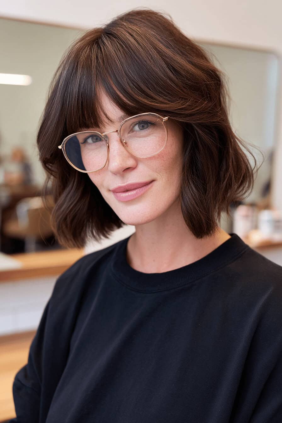 Frau mit mittellangem braunen Bob und Brille im Salon