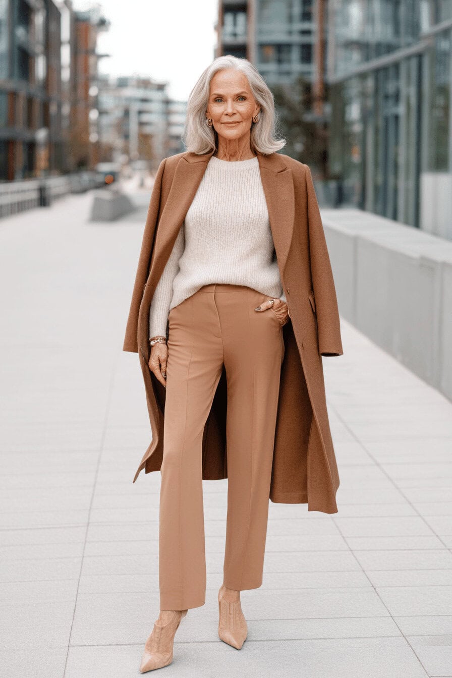 Frau 50+ in sandfarbenem Ton-in-Ton-Outfit mit Mantel, Strickpullover und schmaler Hose vor urbanem Hintergrund.