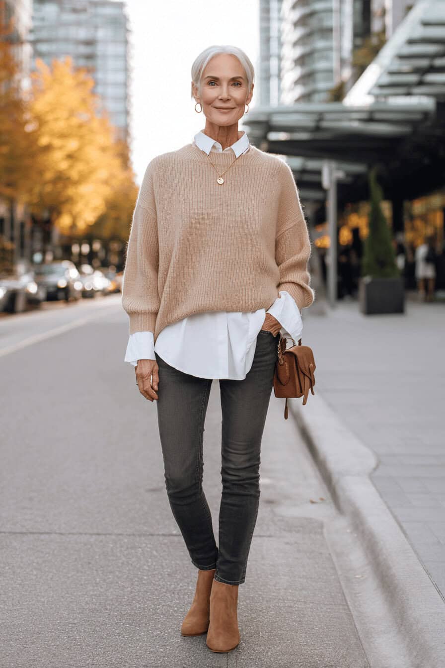 Frau ab 50 in grauem Oversize-Pullover zu schmaler Hose und Stiefeletten, lässiger Alltagslook.