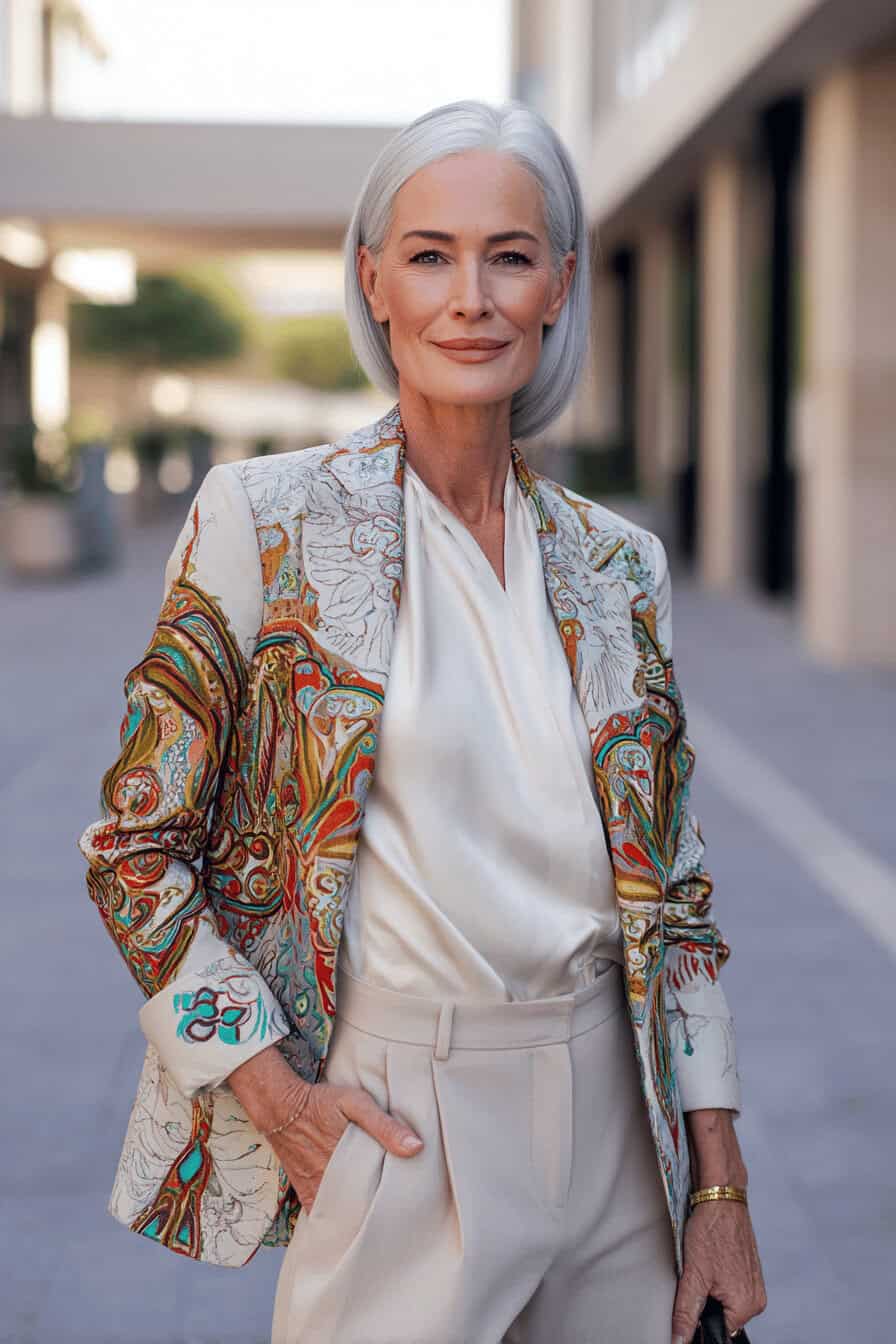 Stilvolle Frau um die 50 im leuchtenden Blazer, kombiniert mit weißem Top und Jeans, unterwegs in der Stadt.