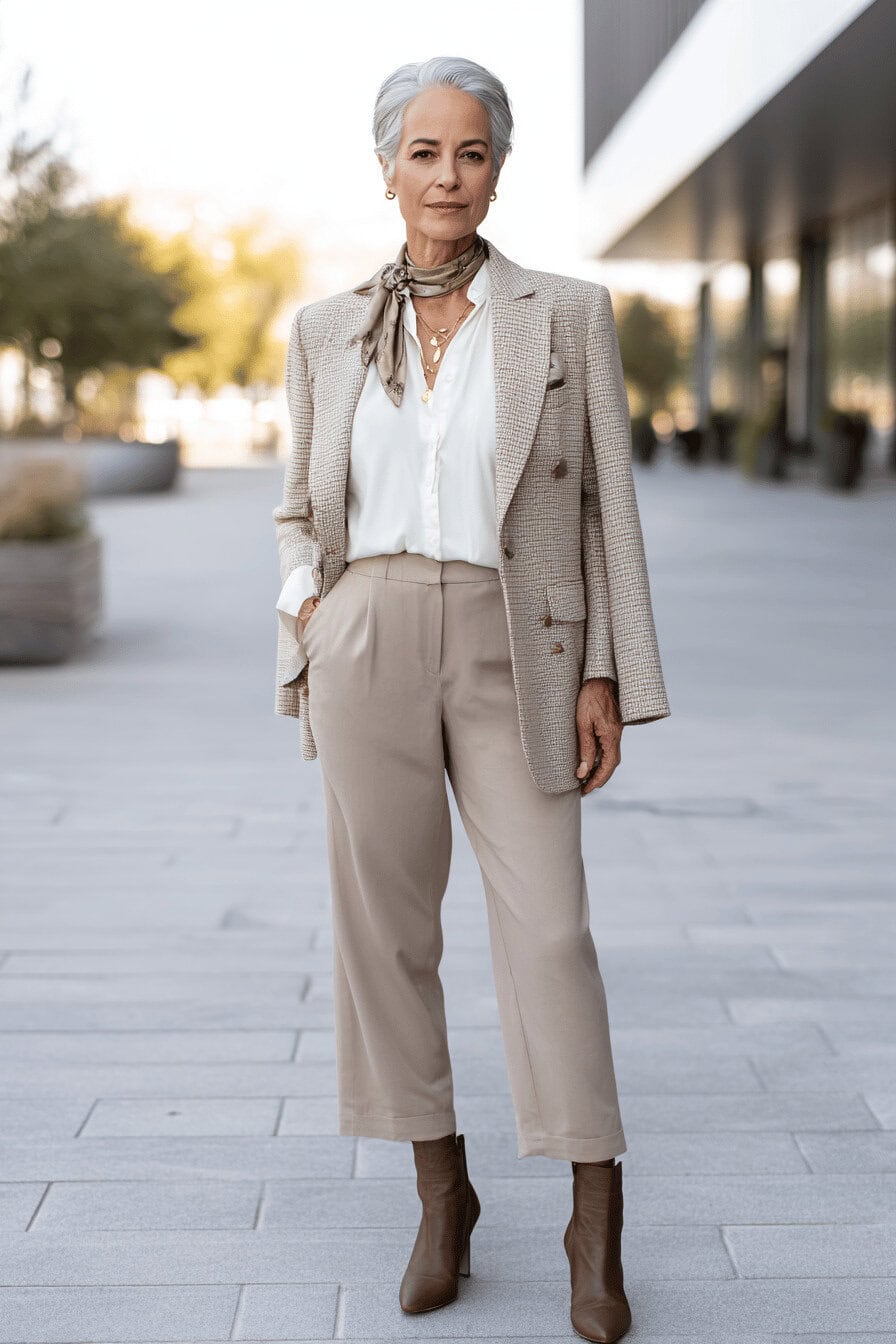 Frau 50+ trägt einen klassischen Blazer mit auffälligen Knöpfen über neutralem Top, kombiniert mit Jeans vor urbanem Hintergrund.