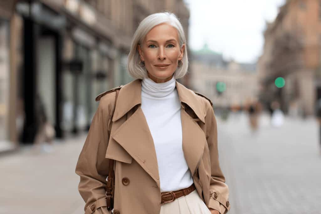Frau im Trenchcoat auf Stadtstraße