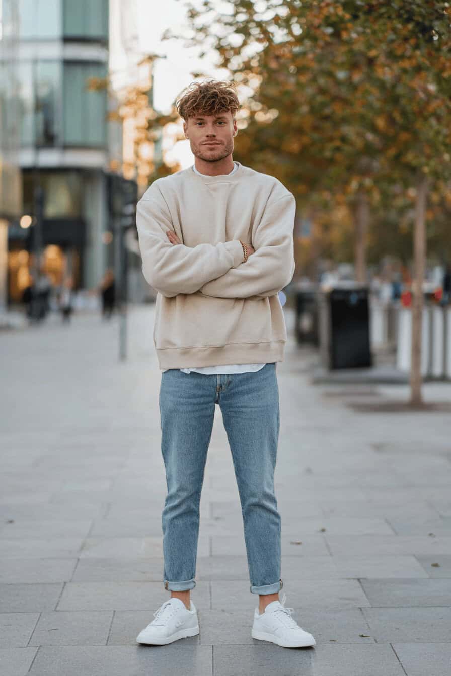 Mann trägt beiges Oversize-Sweatshirt mit hellblauen Barrel-Jeans und weißen Sneakers