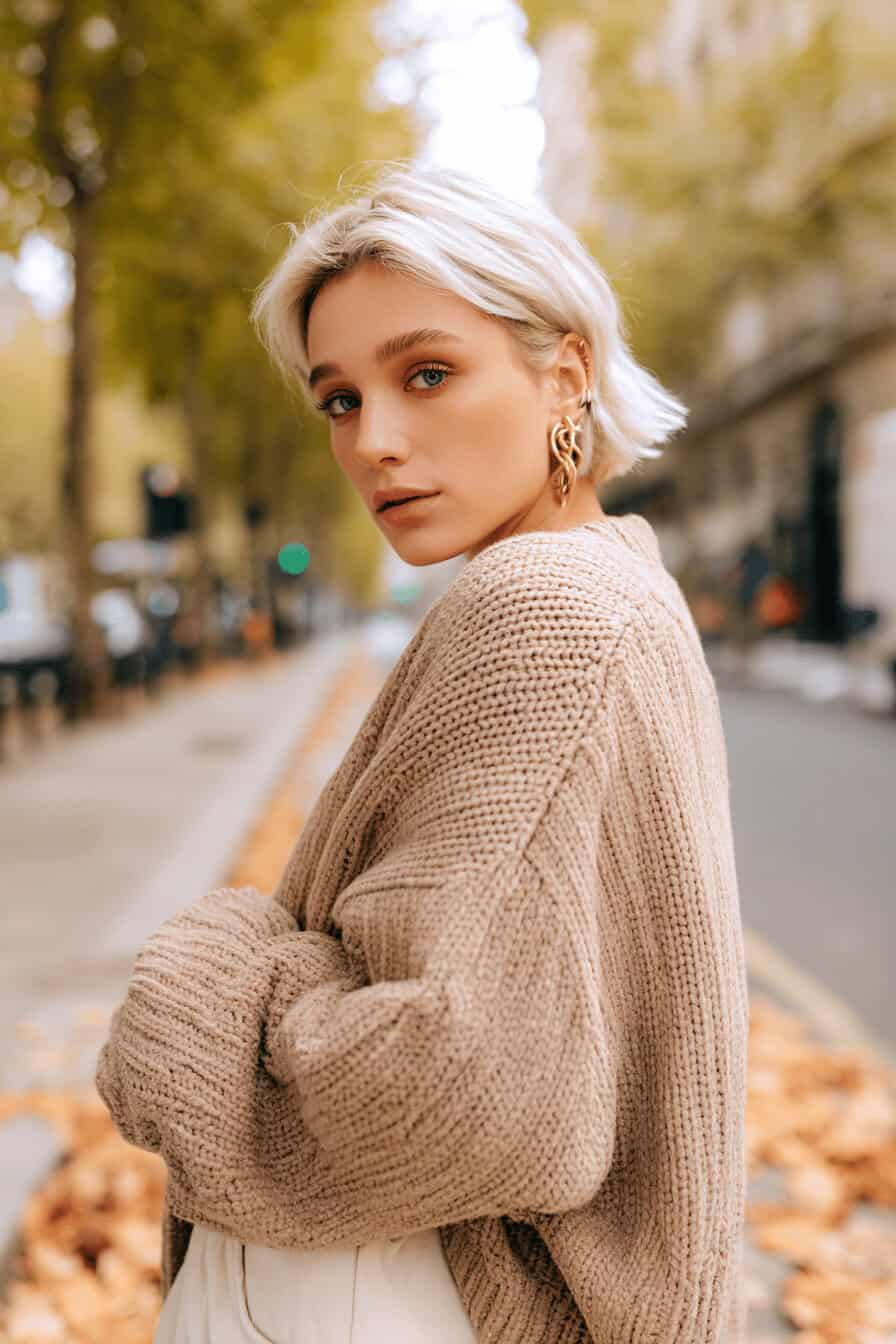 Frau mit beigem Oversized-Strickpullover auf herbstlicher Straße