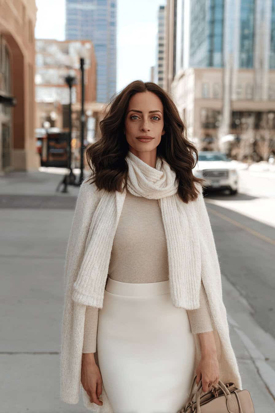 Frau im cremefarbenen Herbstoutfit mit Strickjacke und Pencil Skirt in der Stadt