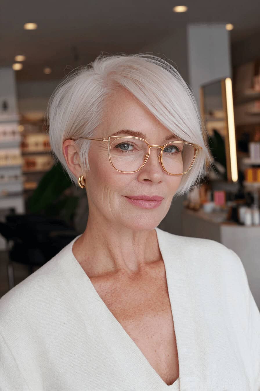 Ältere Frau mit weißblondem Pixie-Bob und Brille im Salon