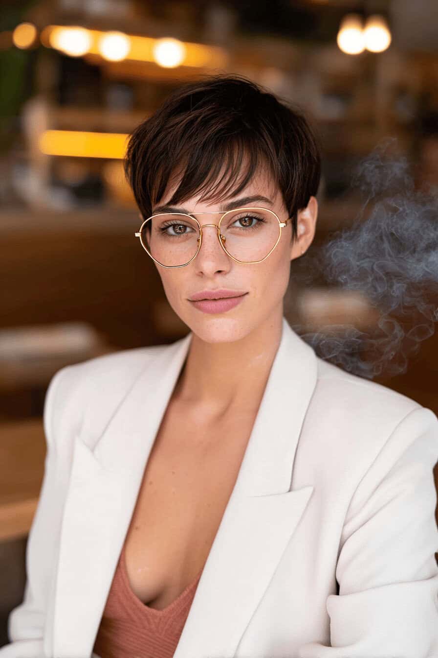 Dame mit braunem Pixie-Cut und Brille in modernem Ambiente.