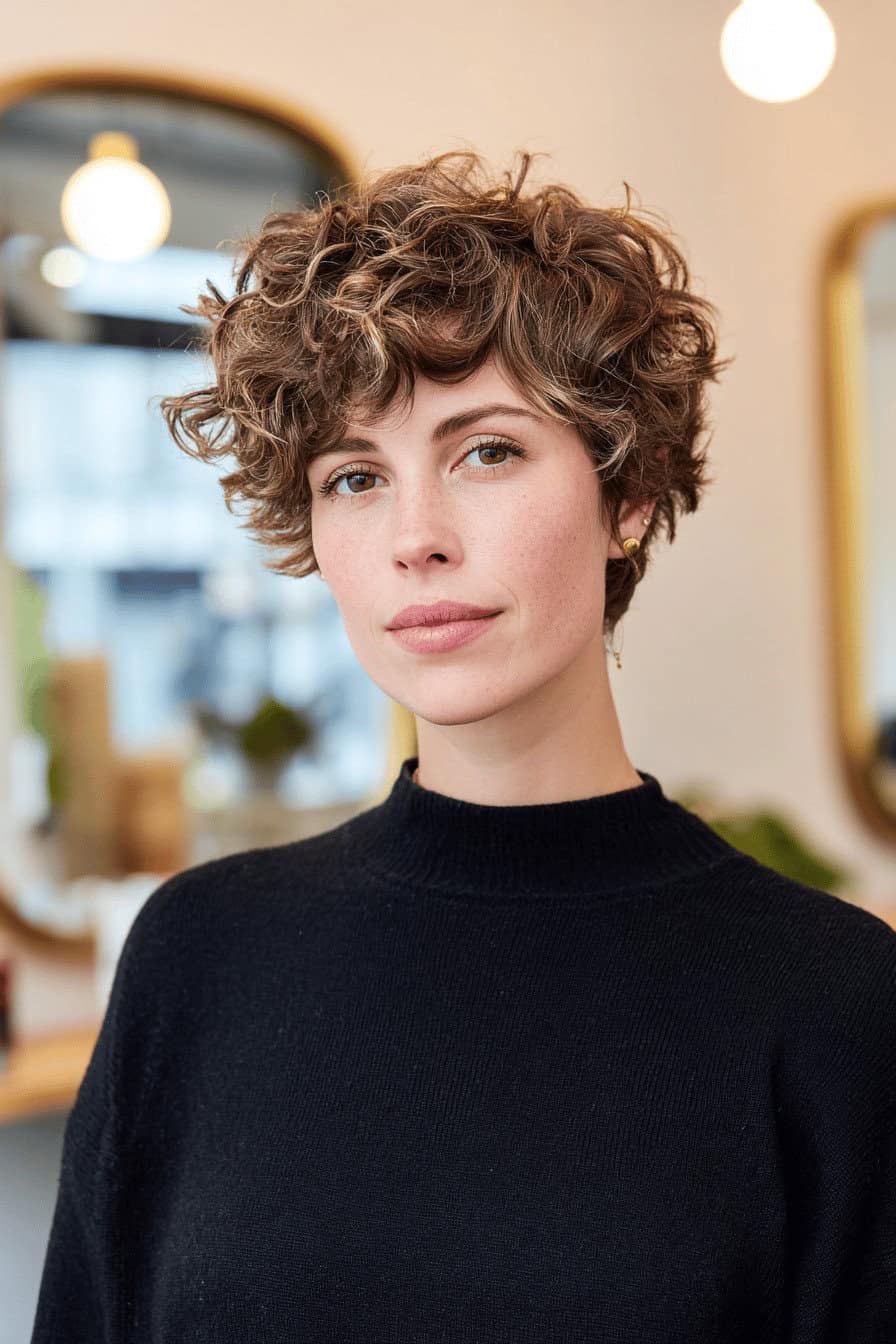 Frau mit lockigem Pixie Shag Haarschnitt.