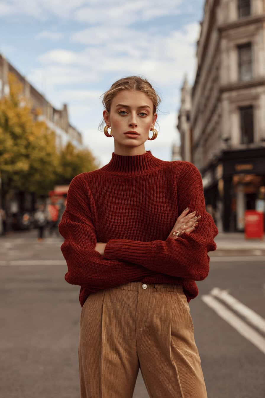 Frau mit rostrotem Pullover und beiger Cordhose im herbstlichen Stadtbild
