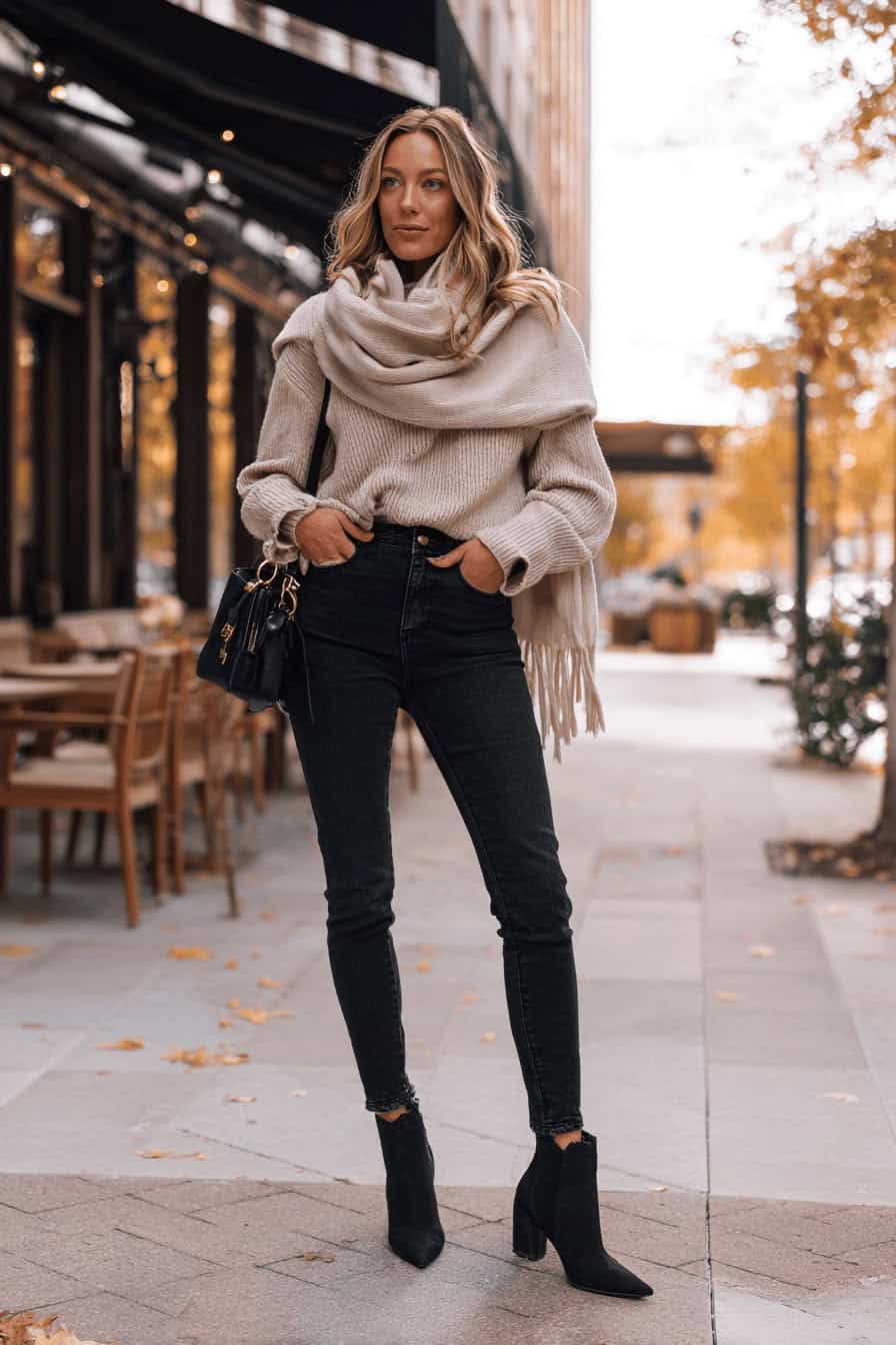 Frau im gemütlichen Herbst-Outfit mit schwarzer Skinny Jeans und Oversize-Schal
