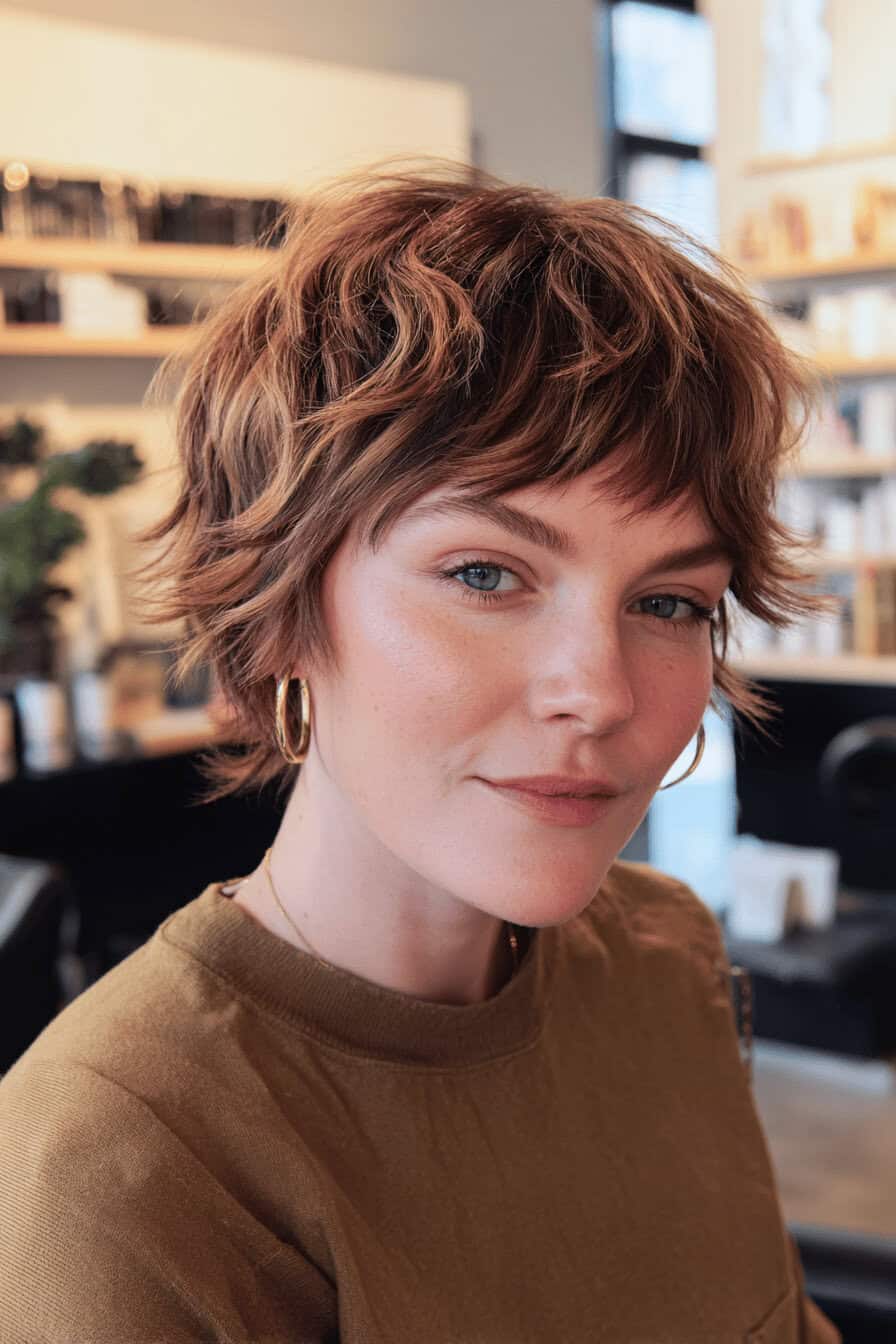 Frau mit kurzem, welligem Shag-Haarschnitt und Pony in einem modernen Friseursalon.