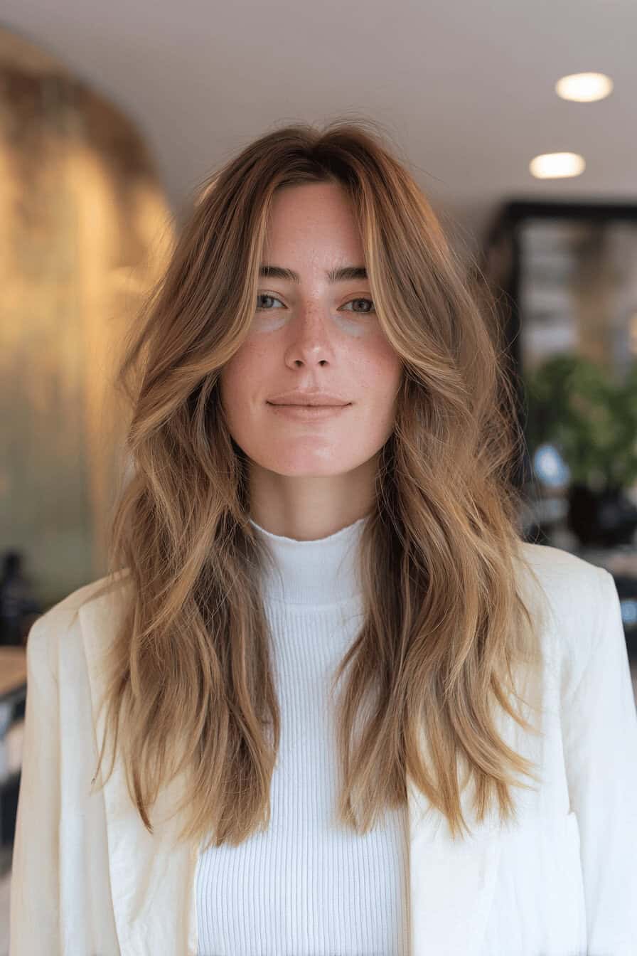 Frau mit schulterlangem Shag-Haarschnitt und Curtain Bangs.