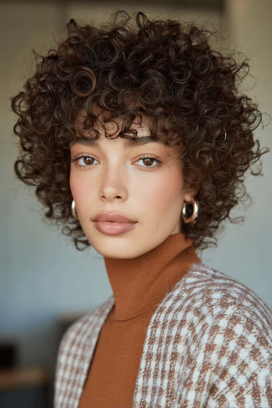 Eine Person mit ovale Gesichtsform und einem Curly Shag Haarschnitt.