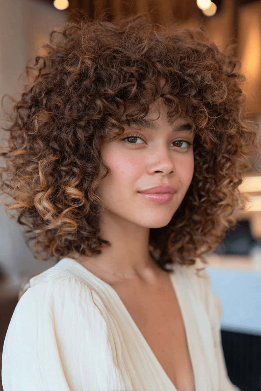 Frau mit Locken und Shag Frisur in einem hellen Raum.