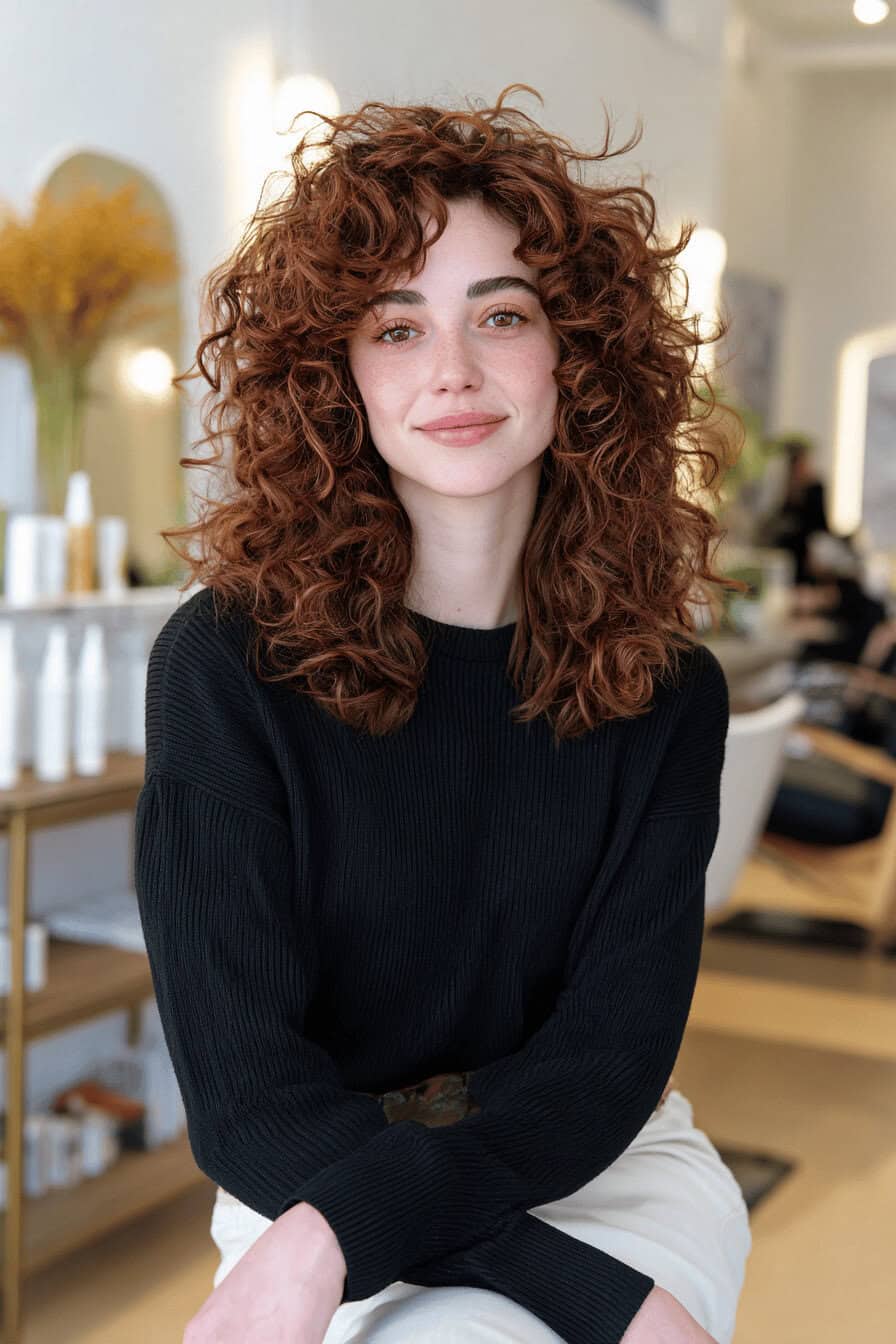 Eine Frau mit voluminösen, lockigen Shag Frisuren im modernen Salon.