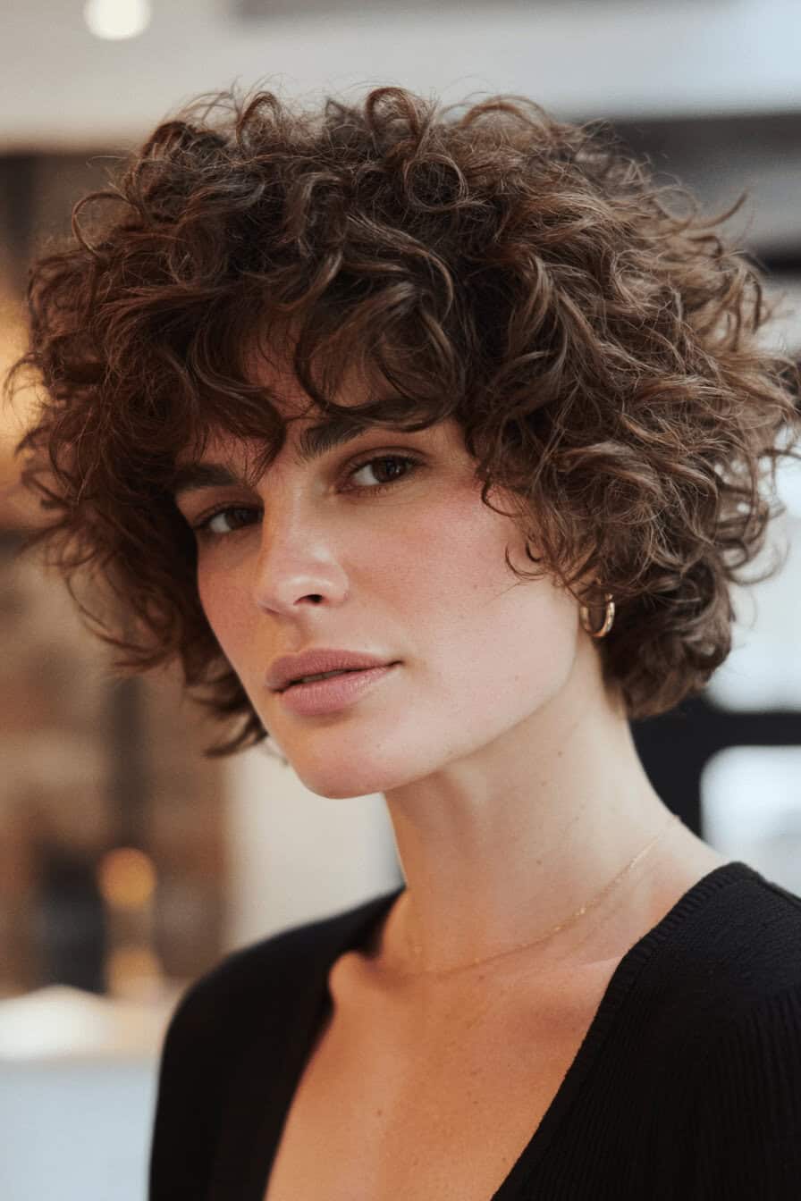 Person mit lockigem, kurzem Shag-Haarschnitt.