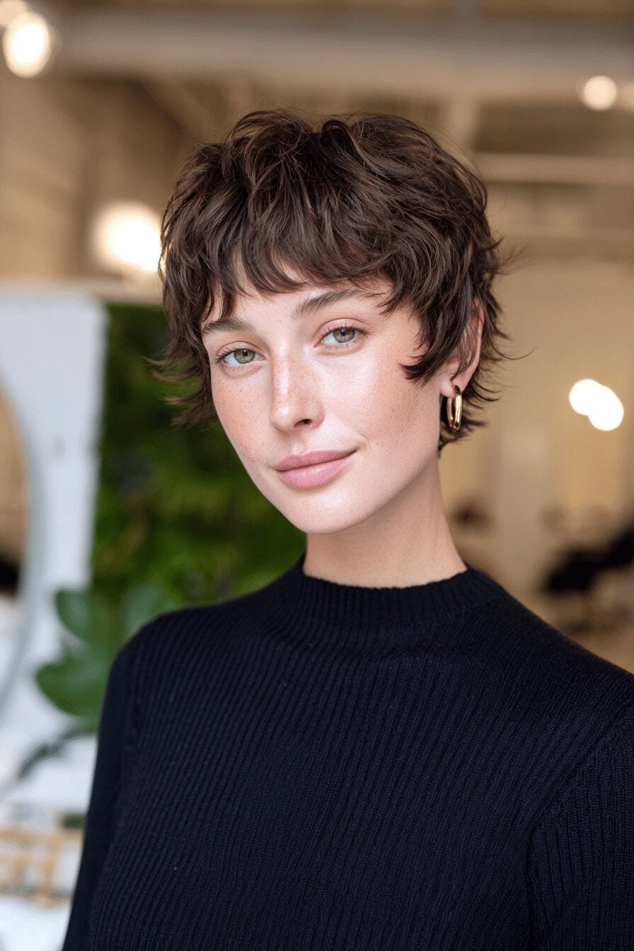 Frau mit kurzem Pixie-Shag und Curtain Bangs, schwarzer Pullover