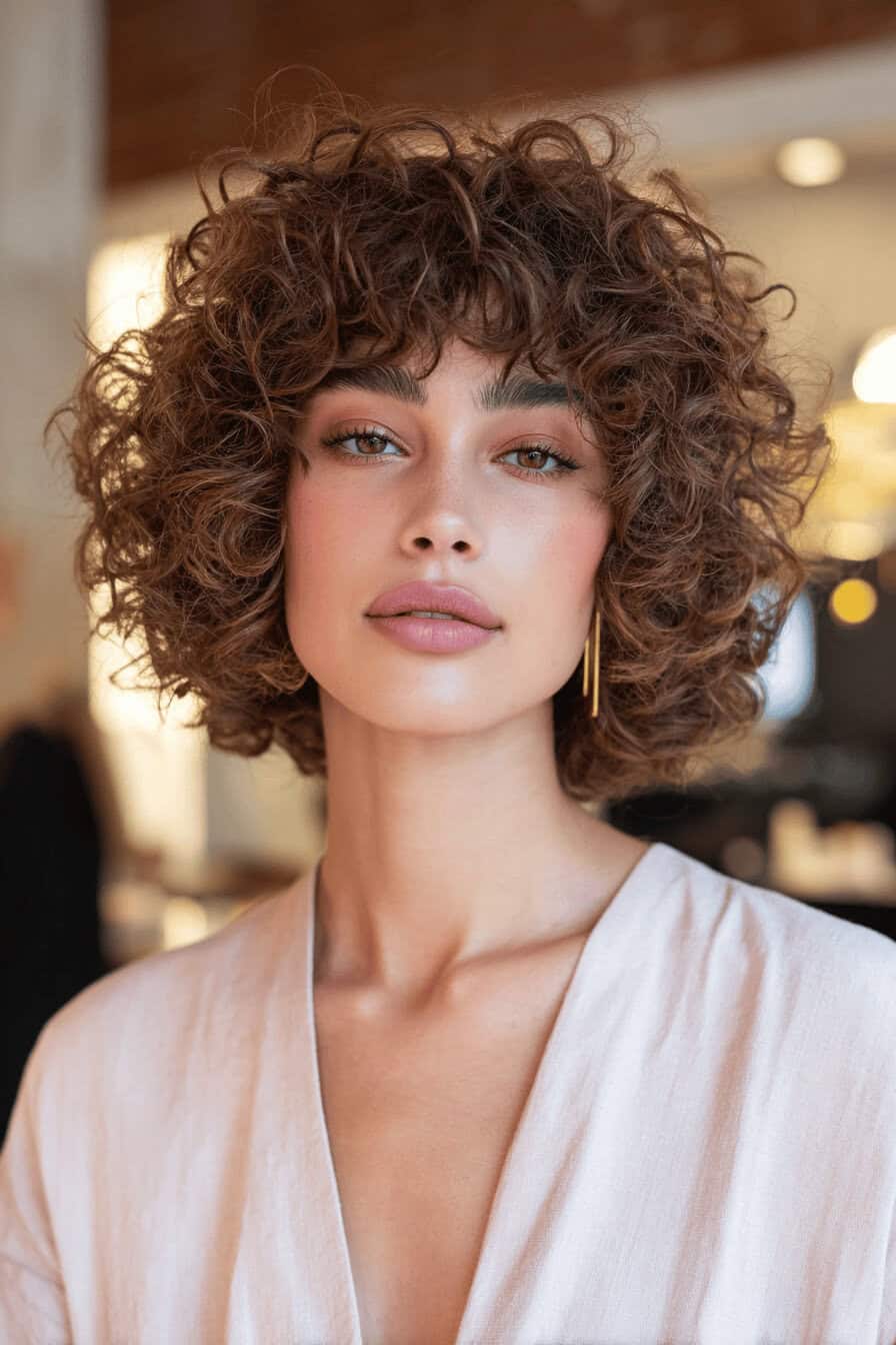 Eine Frau mit einem lockigen French Bob Shag, der einen femininen Look verleiht.