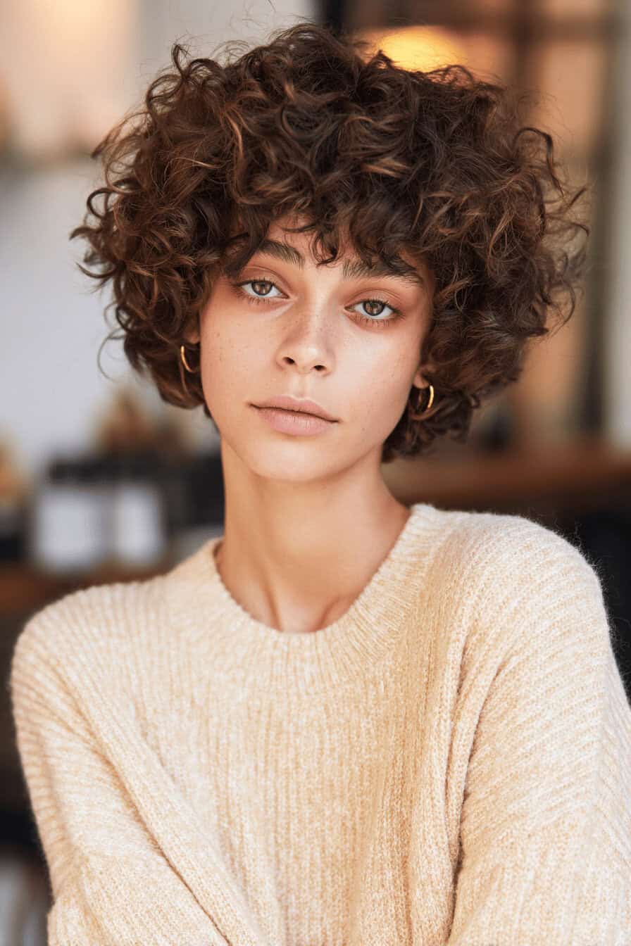 Eine Person mit kurzen, lockigen Shag-Haaren und einem warmen Pullover.