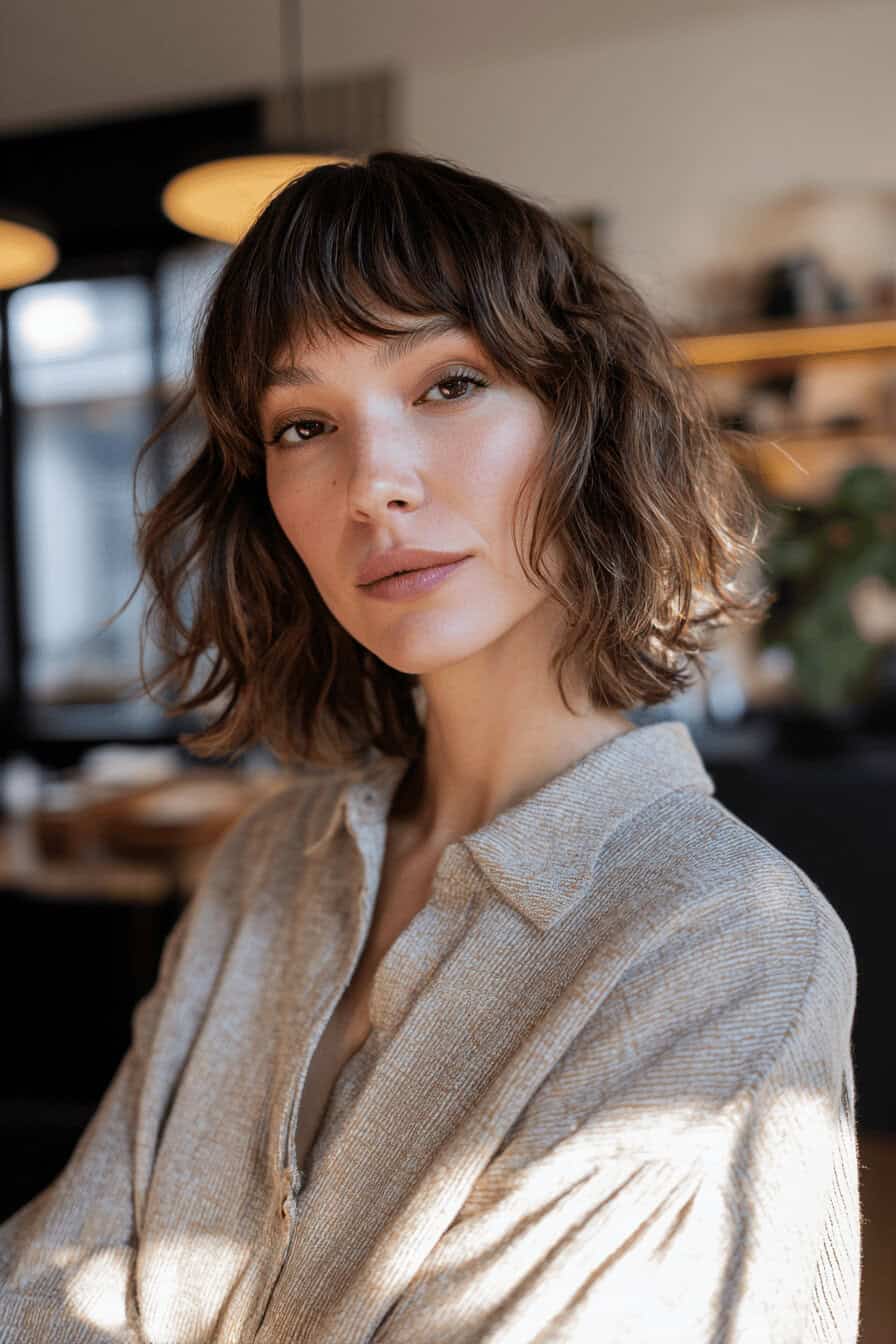 Eine Frau mit einem Shaggy Bob und Curtain Bangs in einem gemütlichen Raum.