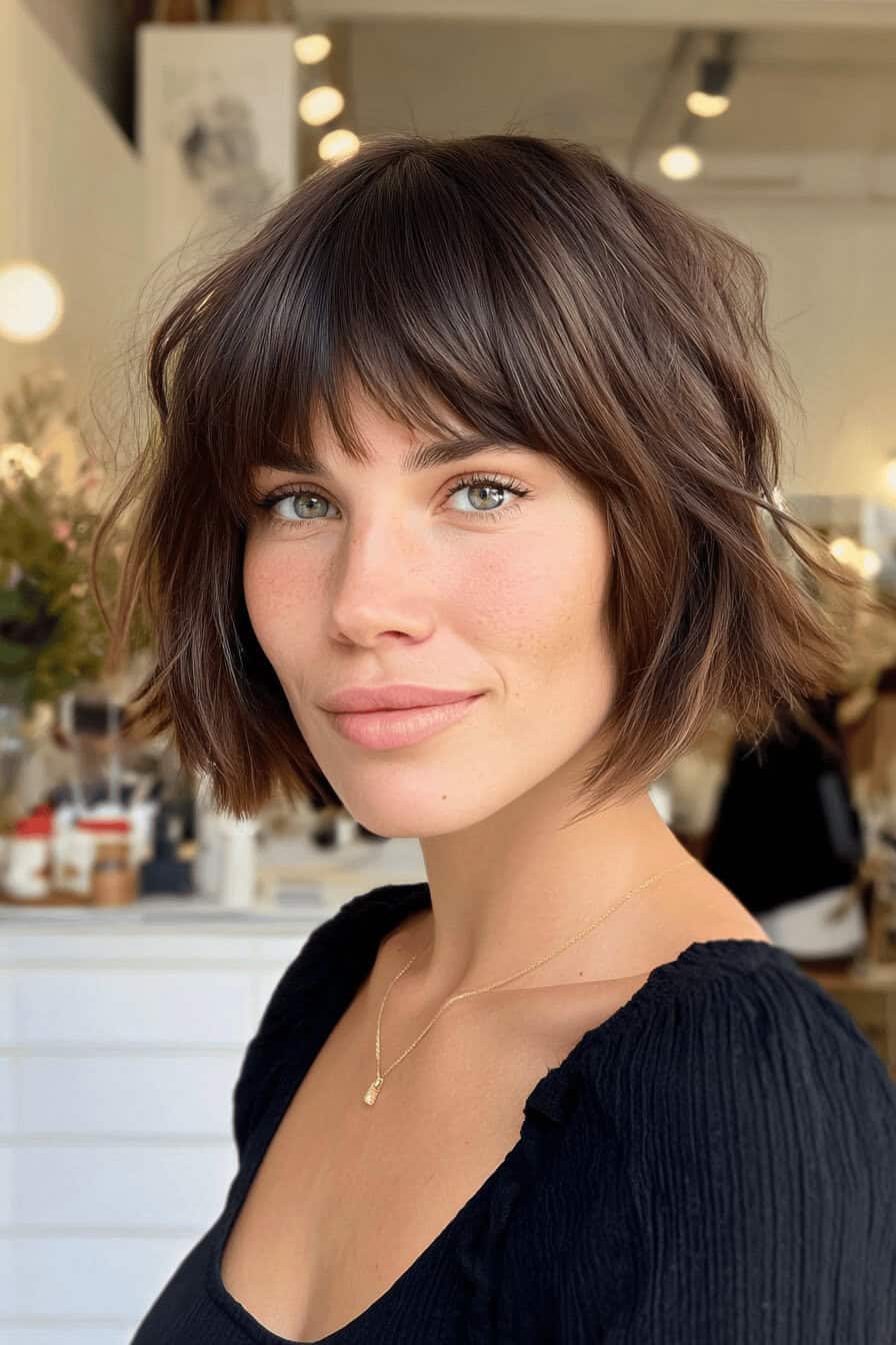 Frau mit stylischem Shaggy Bob und Pony in einem Frisörsalon.