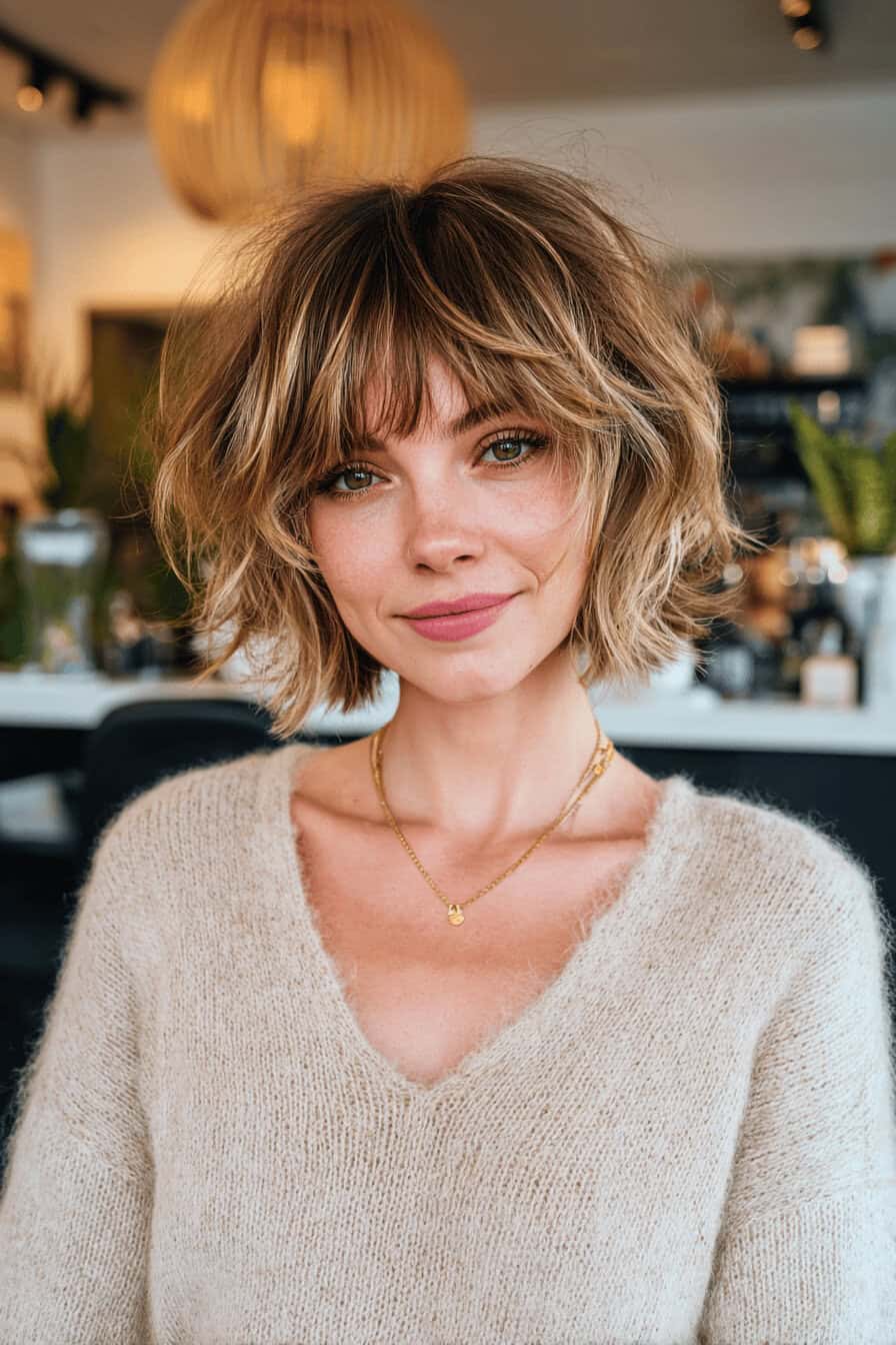 Frau mit Shaggy Bob und Pony in einem modernen Friseursalon.
