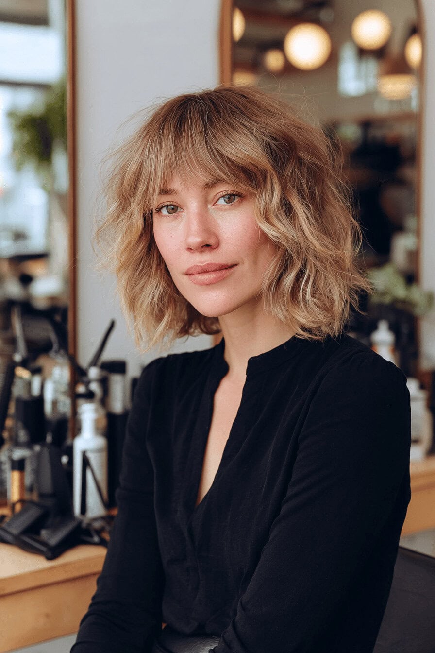 Frau mit einem Shaggy Bob und Pony, umgeben von Friseurutensilien im Salon.