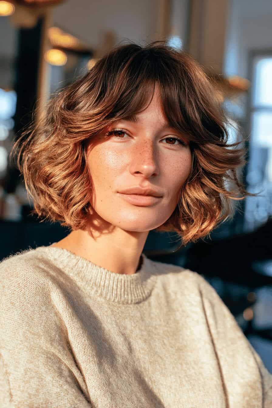 Frau mit einem Shaggy Bob und gefiedertem Pony, lächelnd in einem Salon.