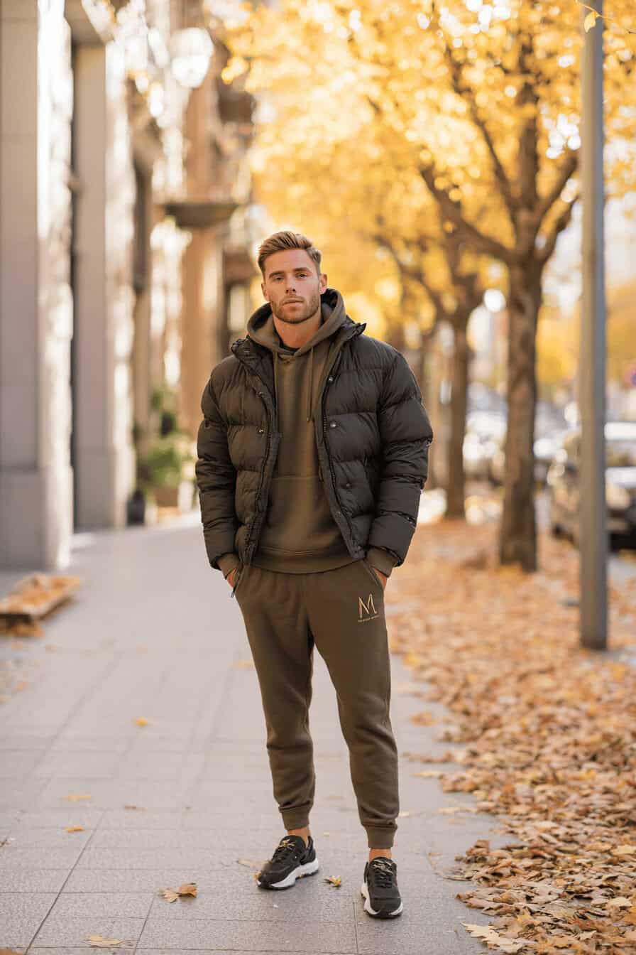 Mann in dunkler Steppjacke, Hoodie und Jogginghose in Oliv auf herbstlicher Straße