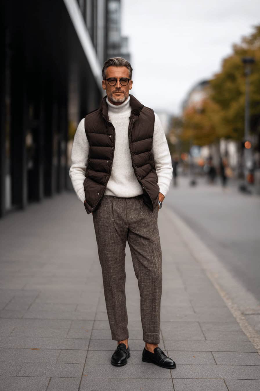 Mann mit brauner Steppweste und weißem Cashmere-Pullover auf Herbststraße