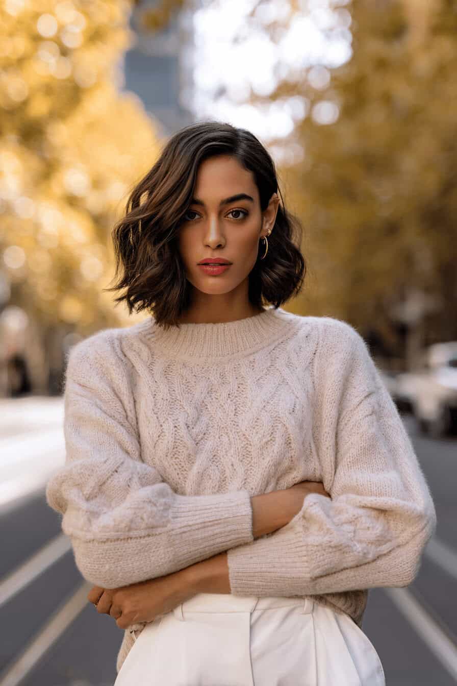 Frau trägt beigefarbenen Strickpullover an einem herbstlichen Tag
