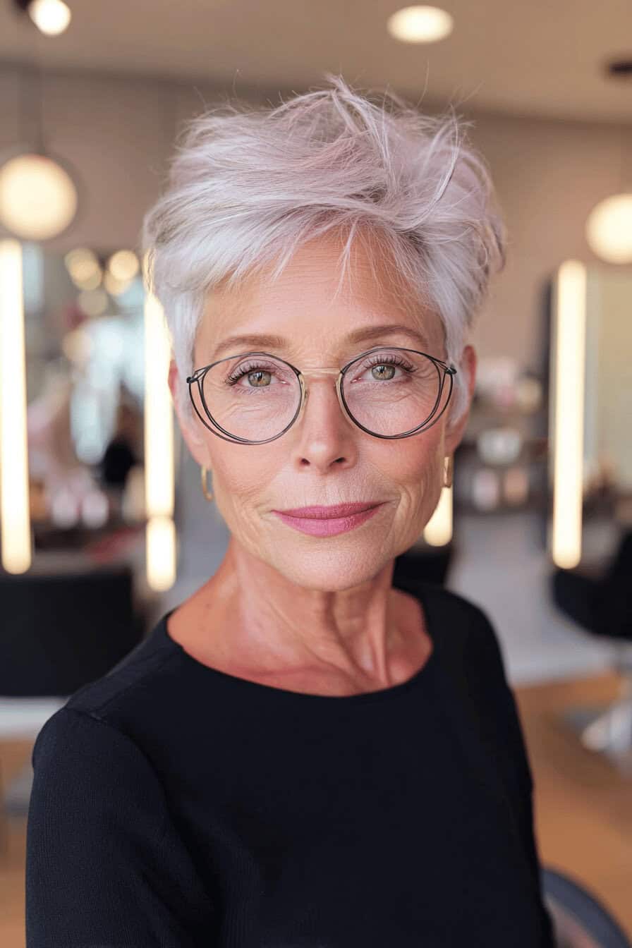 Ältere Frau mit strukturiertem, kurzem Shag Cut und Brille im modernen Salon