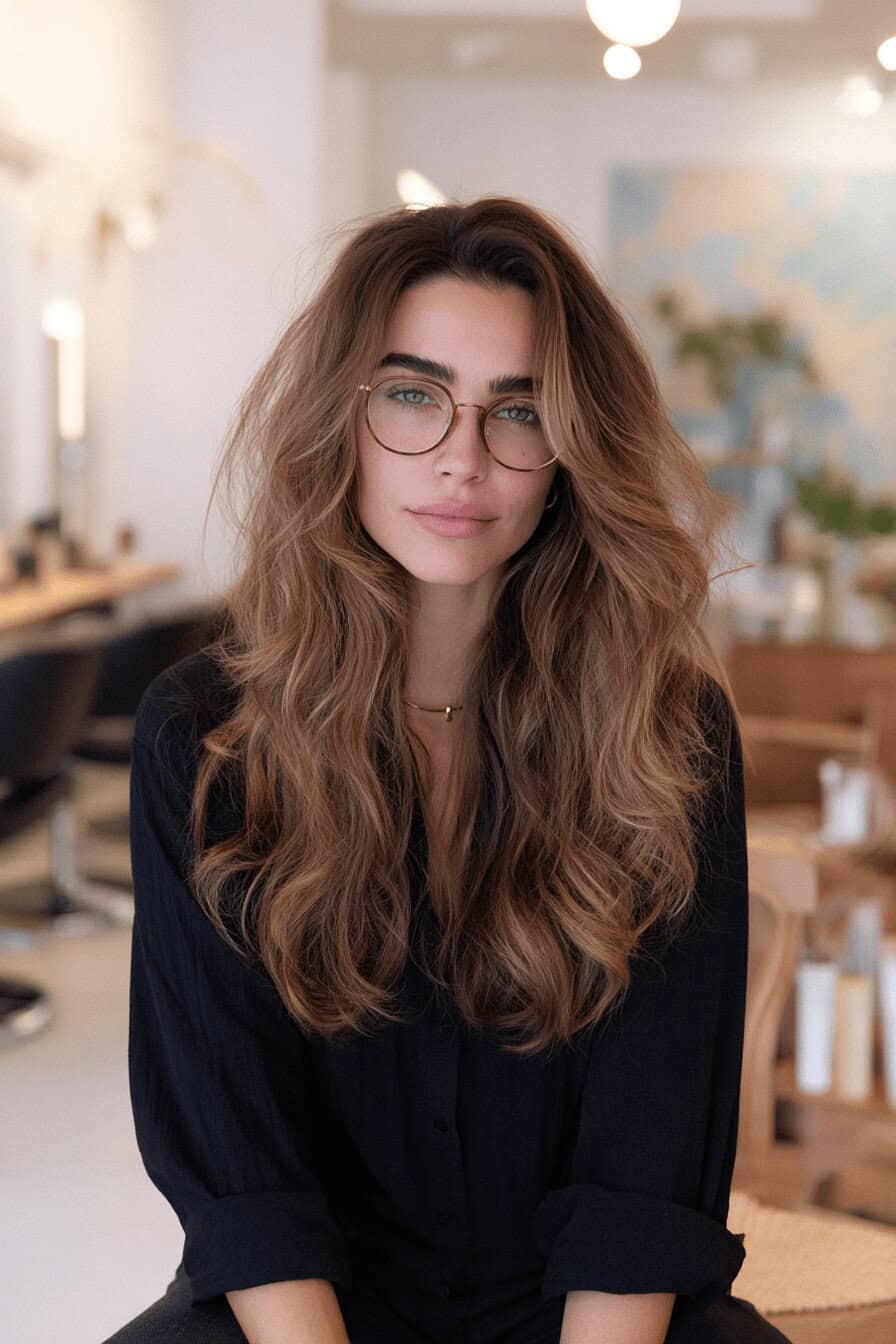 Frau mit mittellangem Stufenschnitt, voluminösen Wellen und runder Brille im Salon