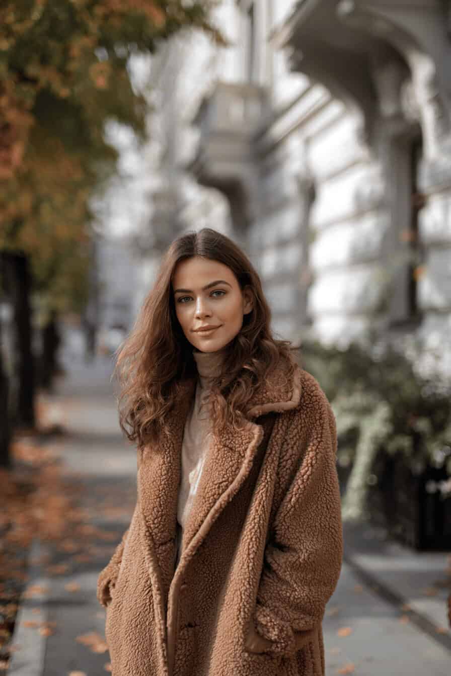 Frau mit braunem Teddy-Mantel auf herbstlicher Straße