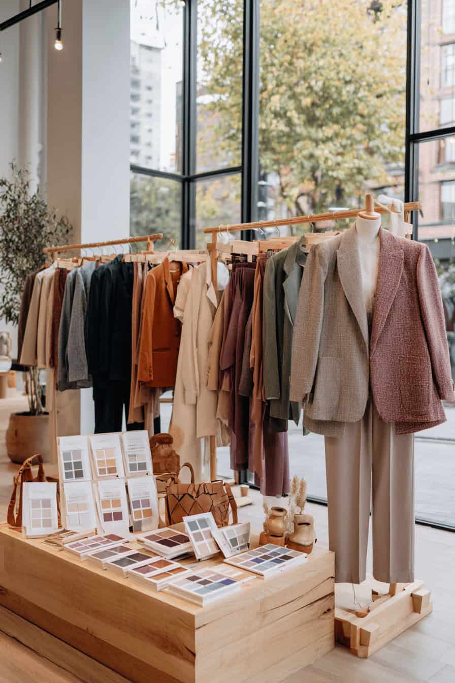 Modeausstellung mit Blazern und Stoffmustern in Trendfarben Herbst 2025