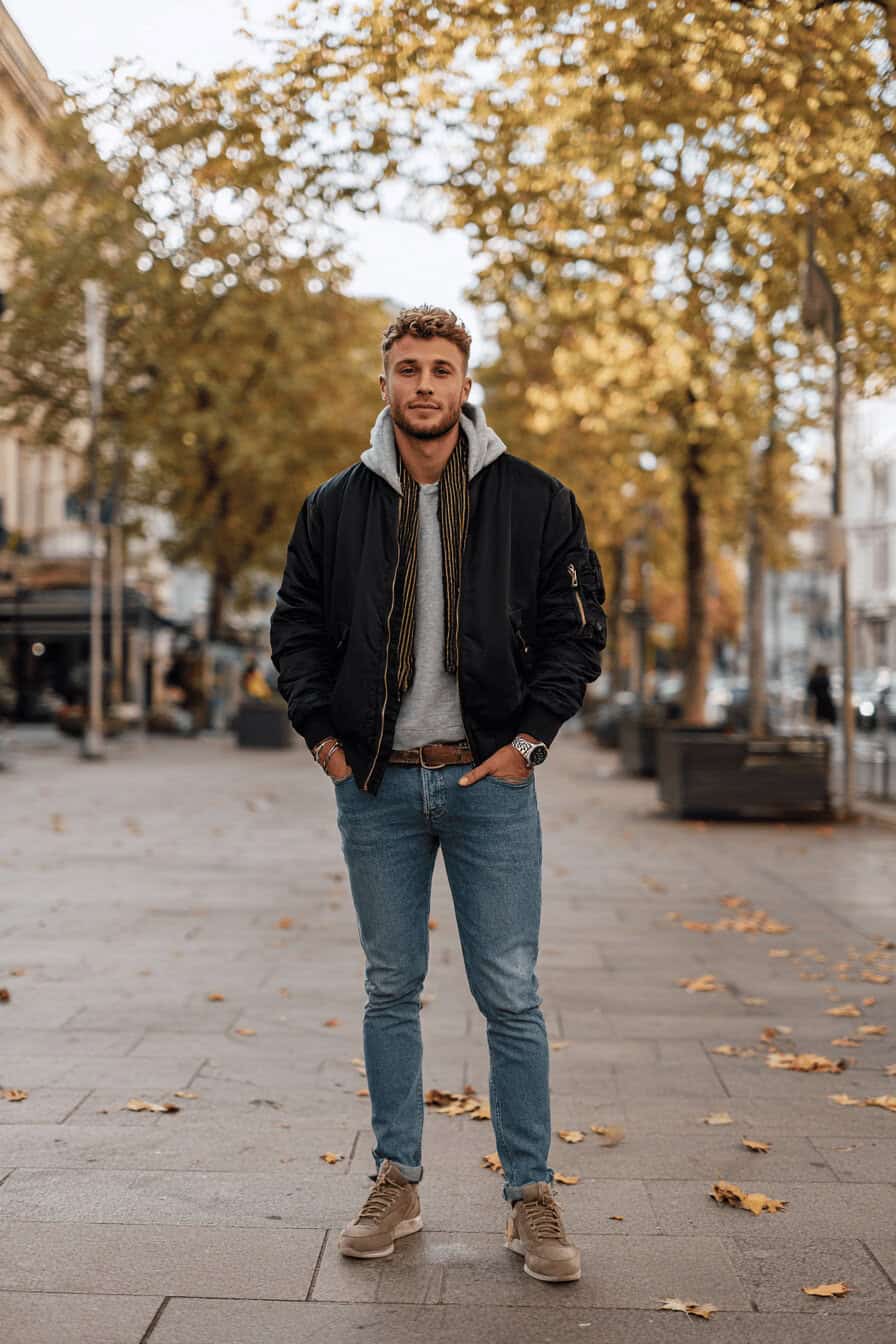 Mann trägt Bomber-Jacke über Hoodie mit Jeans und Sneakers im herbstlichen Stadtbild