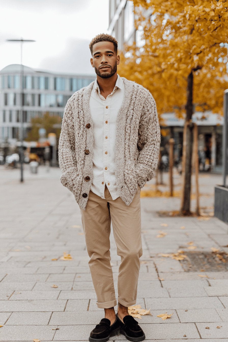 Mann in grobem Strickcardigan, weißem Hemd und beigen Chinos auf herbstlicher Stadtstraße