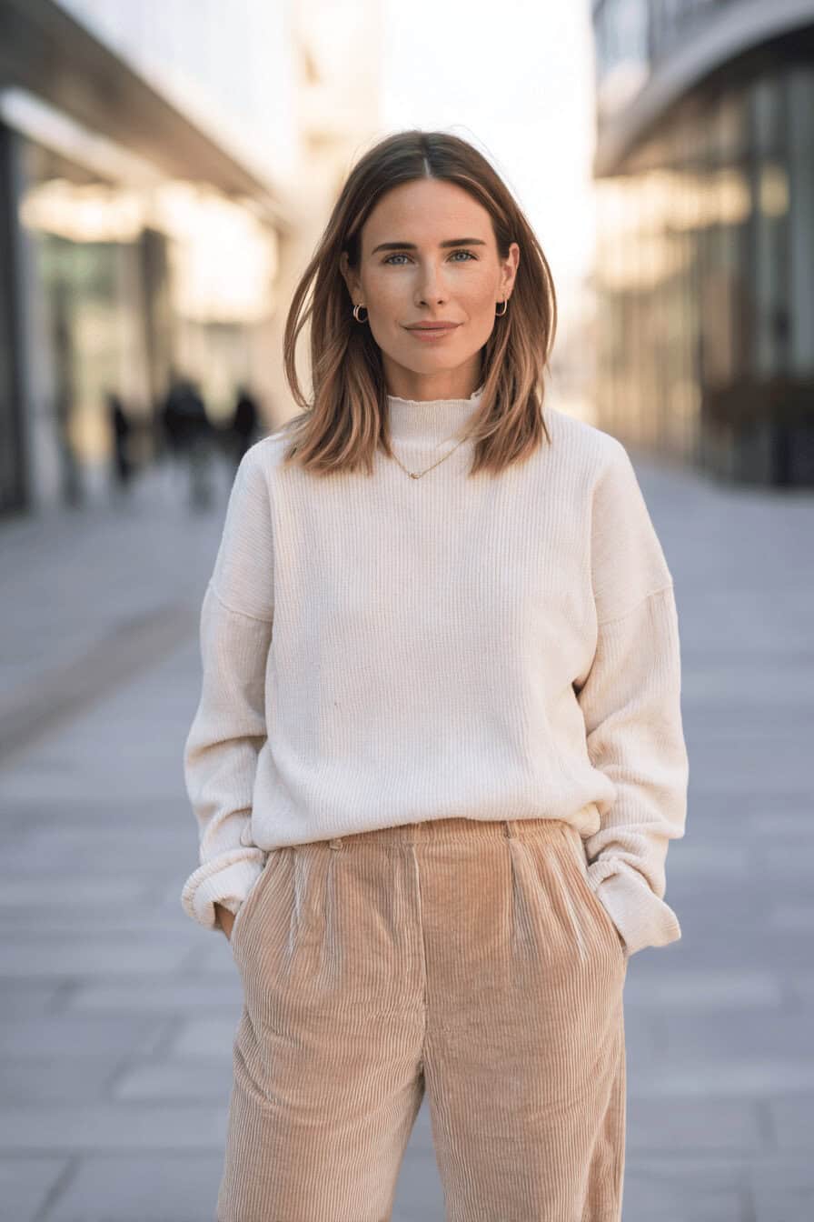 Frau in beiger Cordhose und cremefarbenem Pullover steht lässig auf einer urbanen Straße