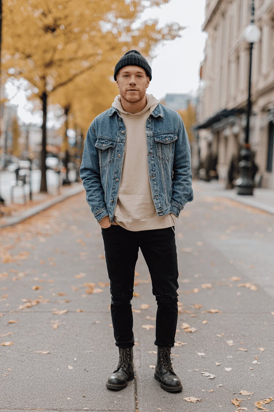 Mann trägt Denim-Jacke über Sweatshirt und schwarze Jeans im herbstlichen Straßenbild