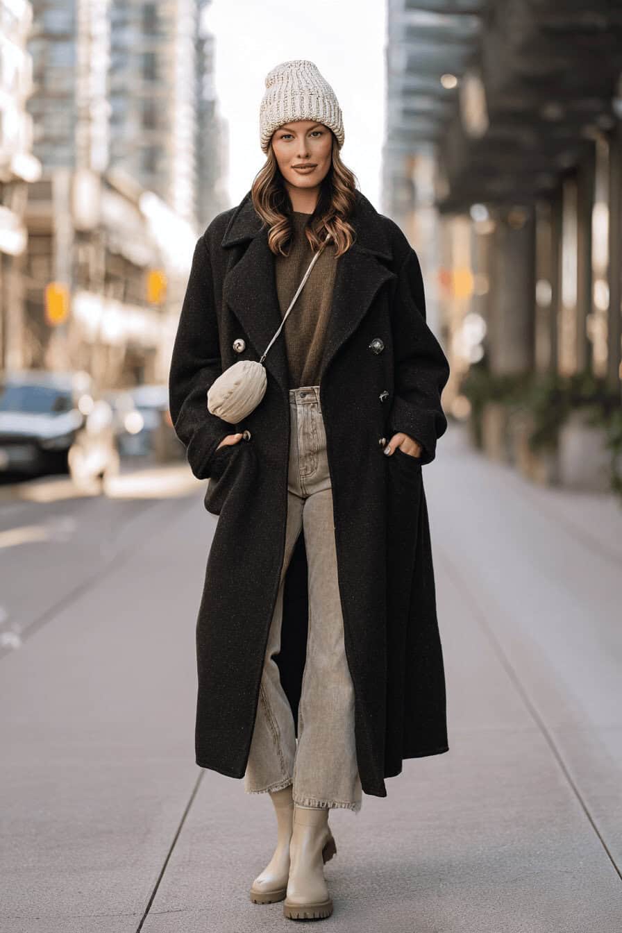 Frau in langem Dufflecoat, Beanie und heller Jeans auf winterlicher Stadtstraße