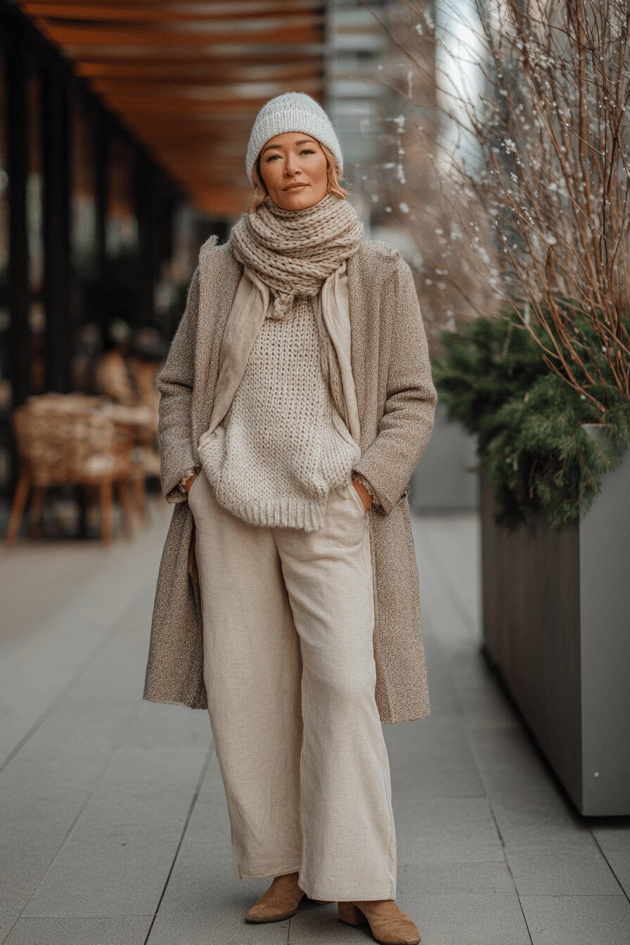 Frau trägt beigen Winterlook mit Strickpullover, Mantel, Schal und Mütze