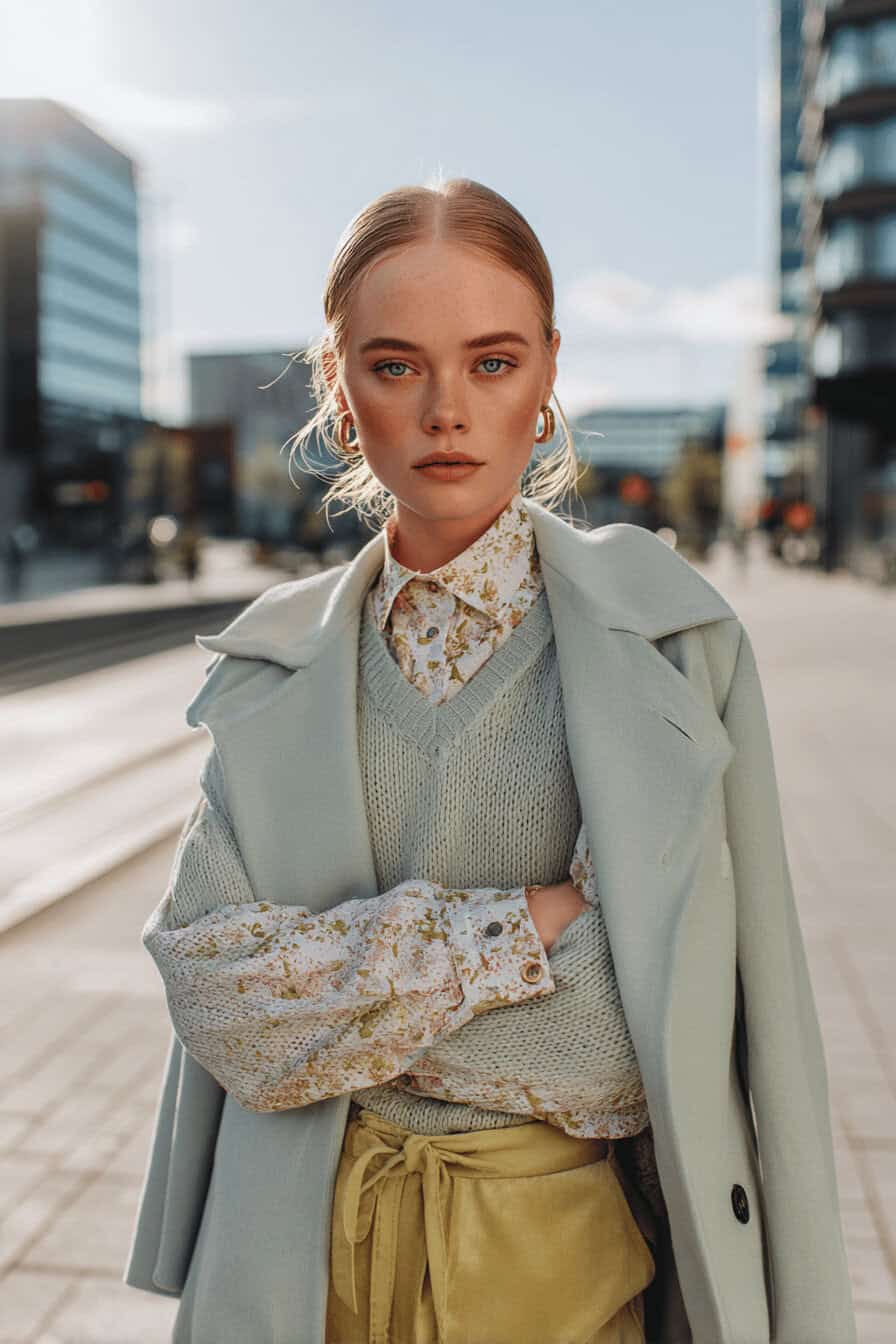 Frau in pastellgrüner Herbstmode mit floraler Bluse und hellem Mantel in urbaner Umgebung