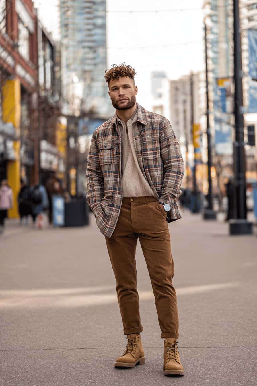 Mann trägt kariertes Flanellhemd, beige Pullover, Cordhose und helle Desert Boots in herbstlicher Stadtumgebung
